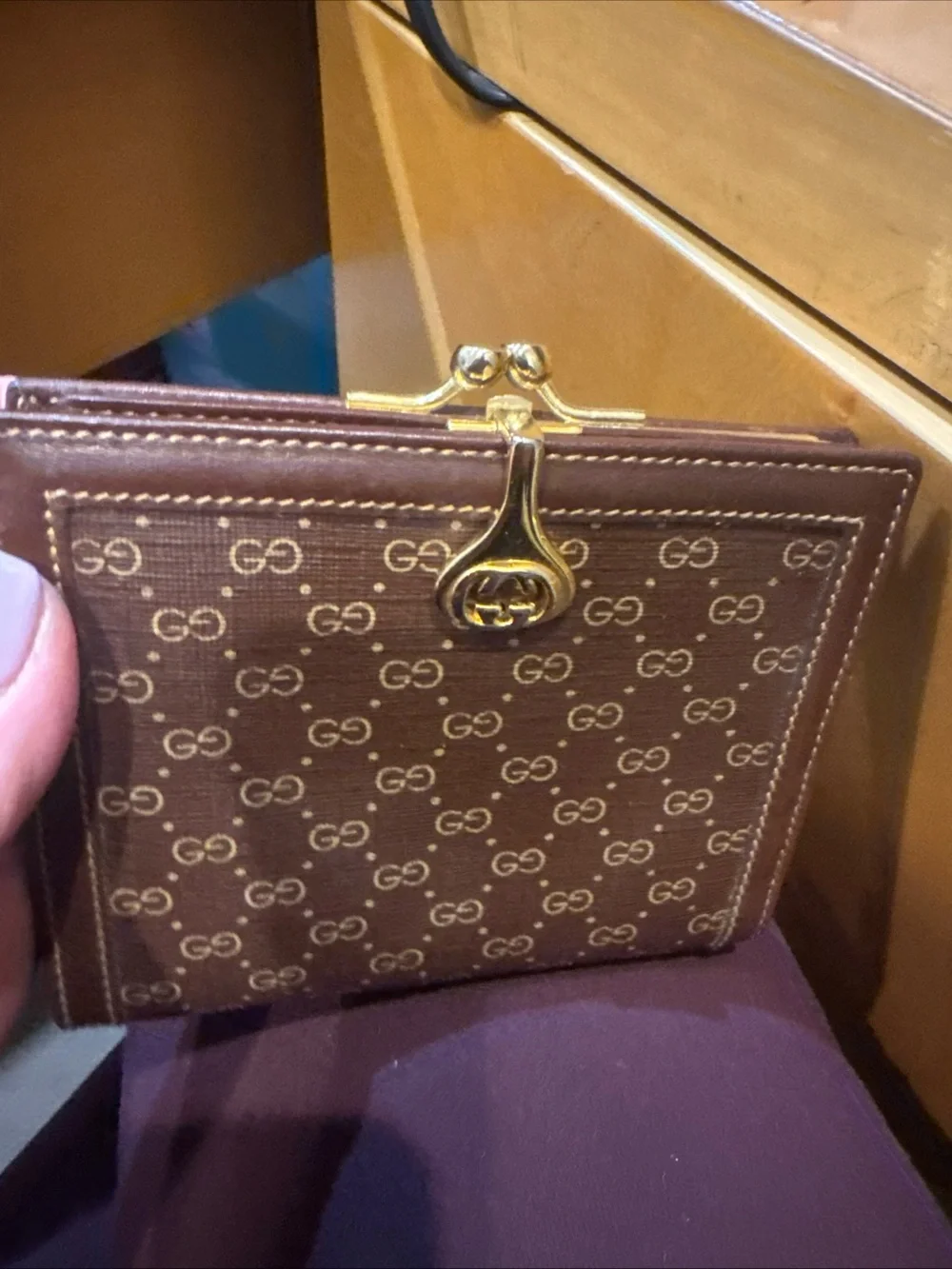 Gucci Vintage Brown Giccissima GG Canvas Wallet with Gold-Tone Clasp